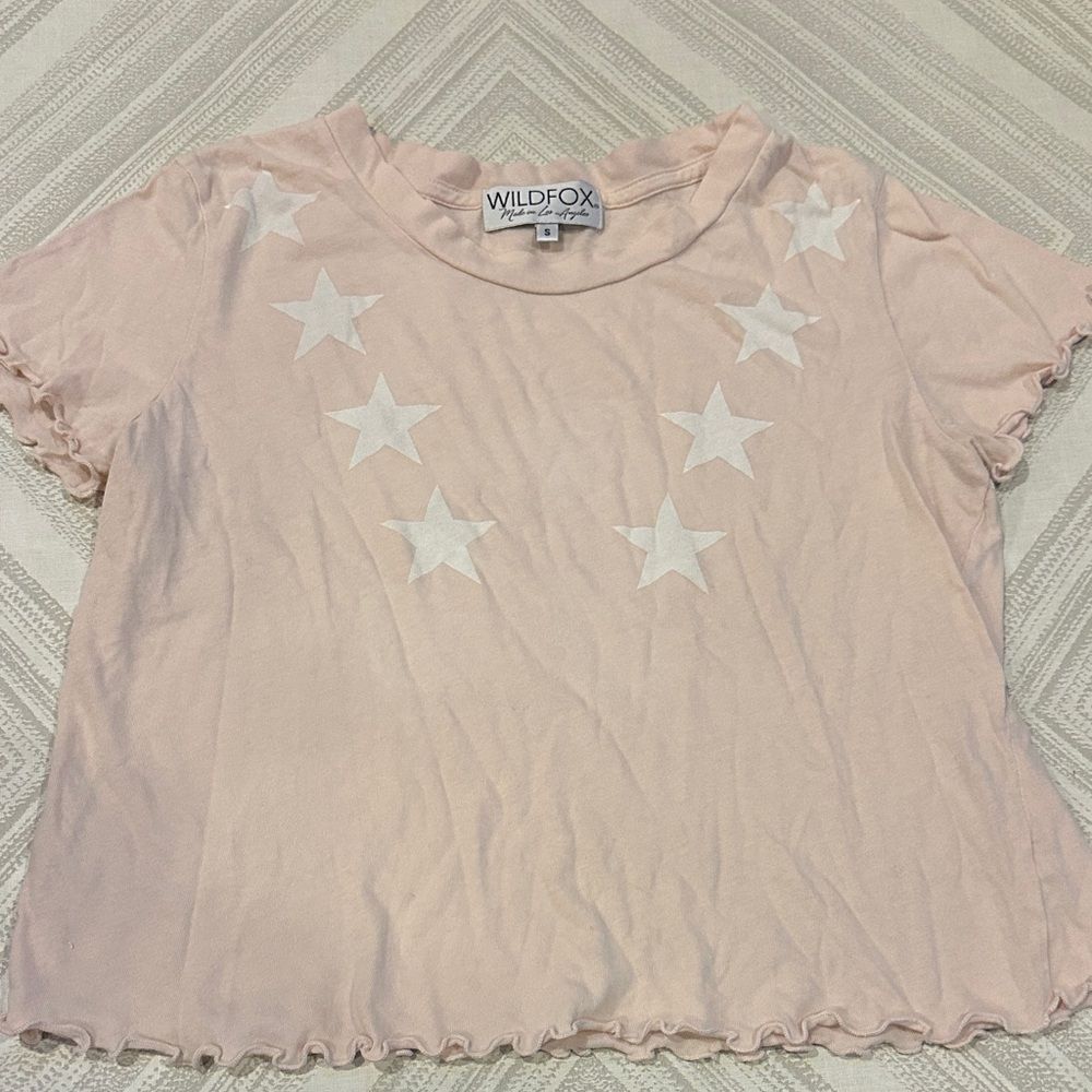 Wildfox Women’s Blush Tee with White Stars Ruffled Edges Size Small